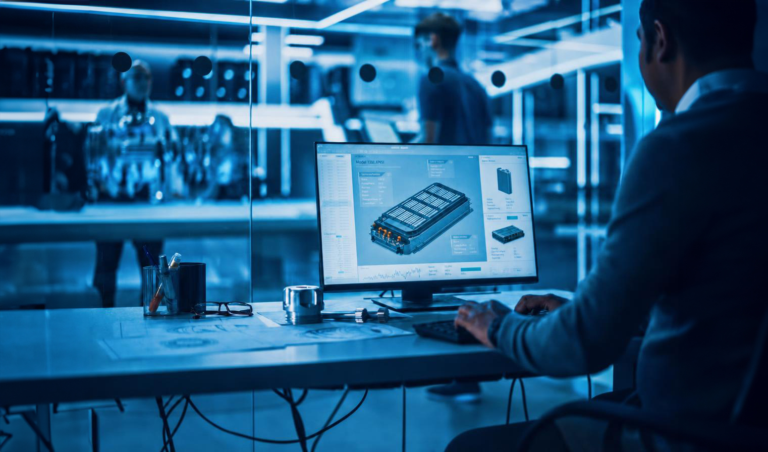 Engineering-Arbeitsplatz mit technischen Schemata eines Motorbauteils — Lithium System Service